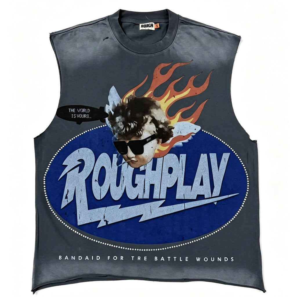 Rough Play Face & Flame Sleeveless T-Shirt
